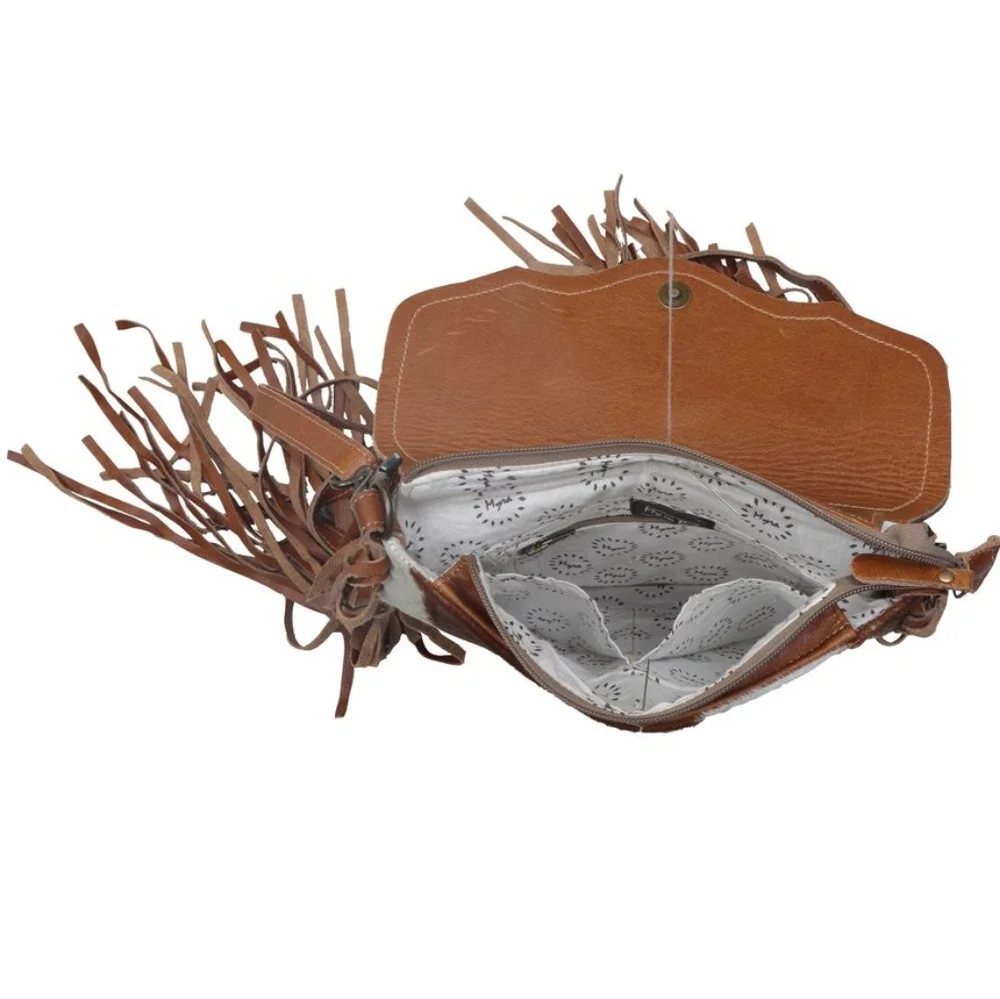 NWT MYRA BLOSSOM HAND-TOOLED BAG Genuine Hair On Hide Leather Fringe - Picture 4 of 8